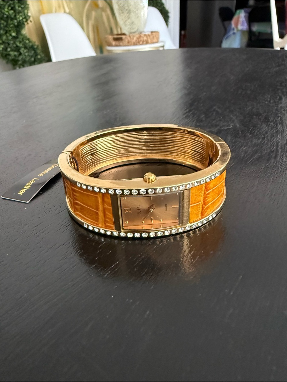 Kenneth Jay Lane KJL Hinged Bangle Watch Gold Tone Crystal Genuine Leather